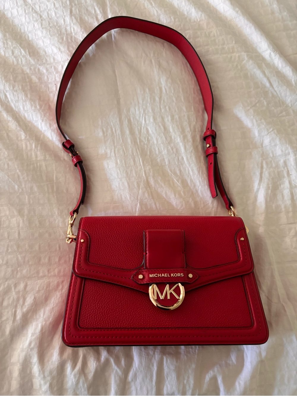 Michael Kors Red Leather Crossbody with Gold MK Medallion
